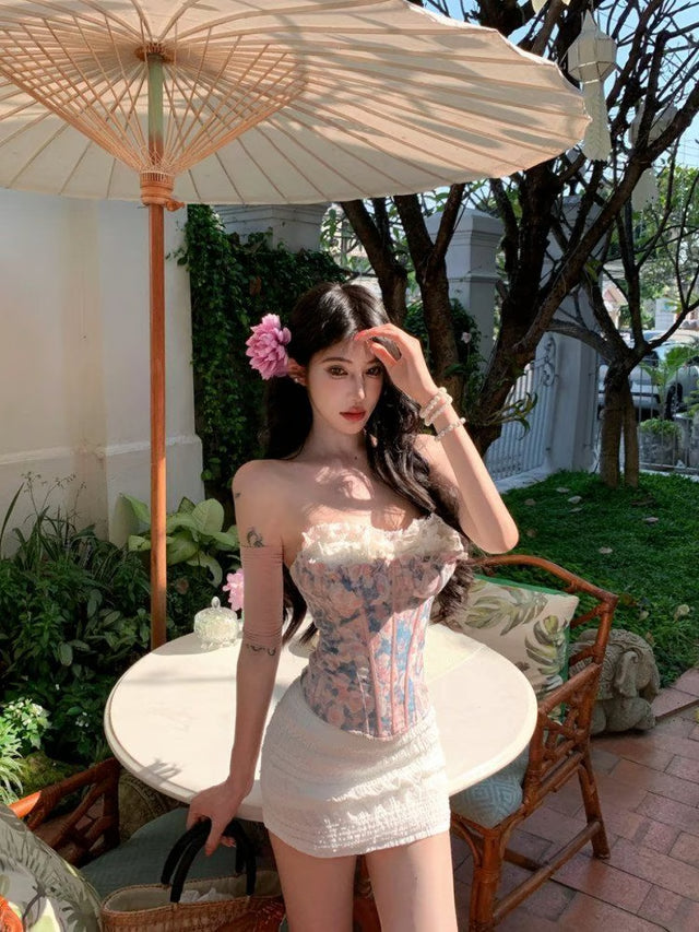 Roselle Lace Corset Bodycon Mini Skirt Two Piece Party Set for Women