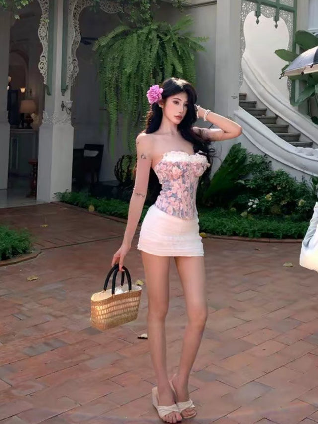 Roselle Lace Corset Bodycon Mini Skirt Two Piece Party Set for Women